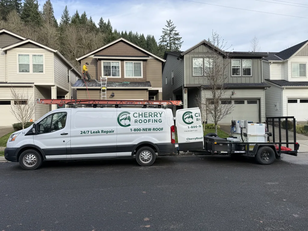 Cherry Roofing crew performing roof soft washing on residential home in Vancouver WA with service truck onsite.